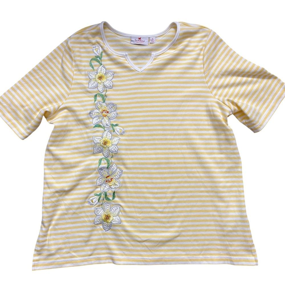 Quacker Factory Yellow White Striped Floral Embroidered Rhinestone Top XL